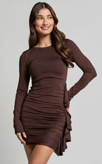 Therese Mini Dress - Ruched Bodycon Flounce Detail Dress in Chocolate