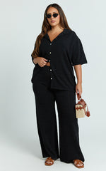Tommy Two Piece Set - Knit Button Through Top and Pants Two Piece Set in Black