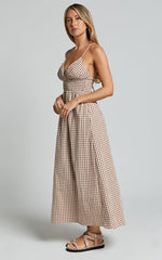 Toni Midi Dress - Strappy Gingham Dress in Caramel and White Gingham