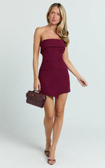 Veronica Mini Dress - Strapless Collared Tailored Bodycon Dress in Wine