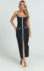Xyra Midi Dress - Square Neck Contrast Bind Fitted Dress in Black