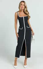 Xyra Midi Dress - Square Neck Contrast Bind Fitted Dress in Black