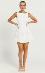 Zhai Mini Dress - High Neck Button Through Dress in Ivory