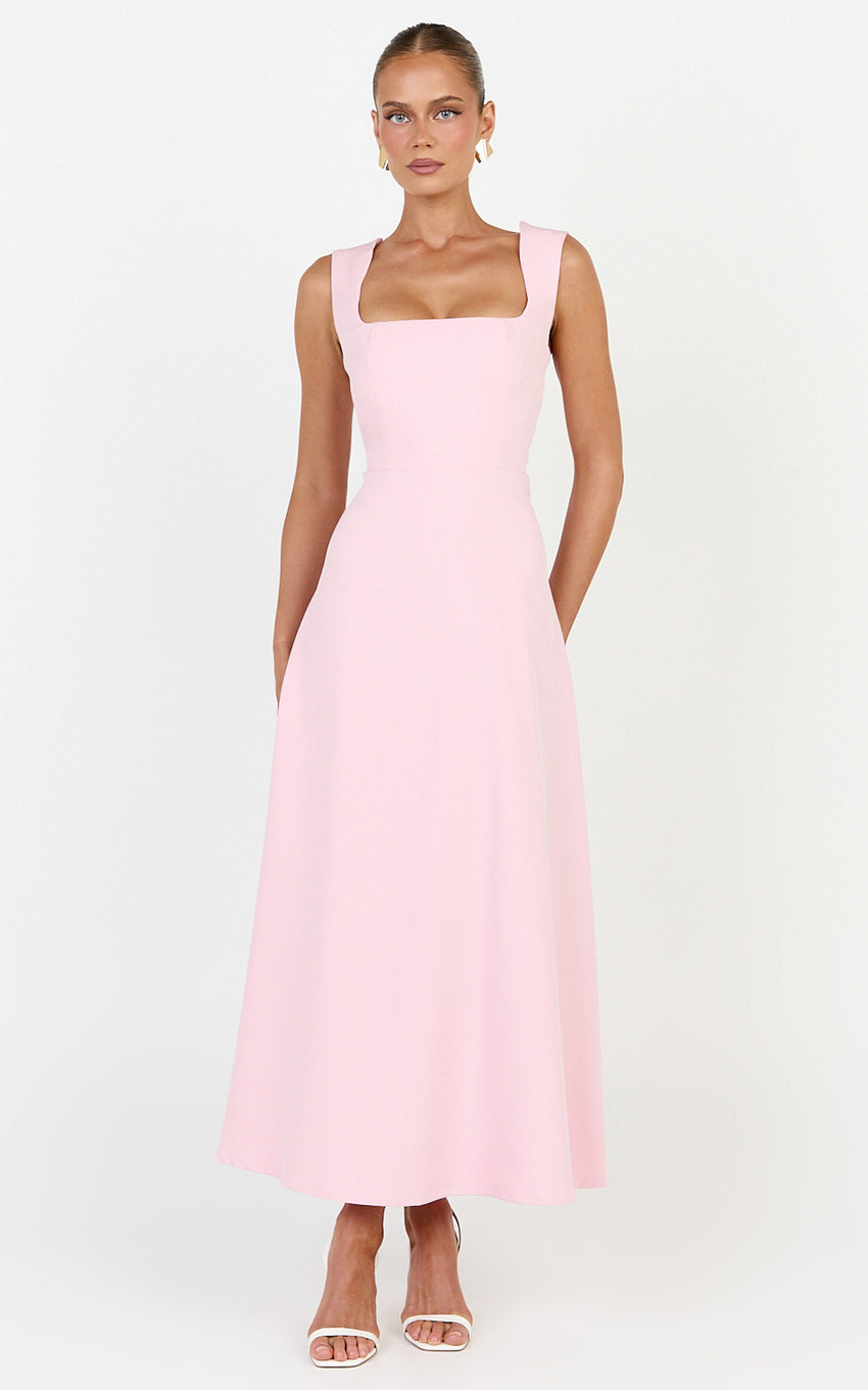 Zinnia Midi Dress - Square Neck A Line Dress in Pink