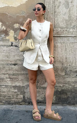Rhianna Top - Button Down Longline Recycled Denim Vest Top in Ecru